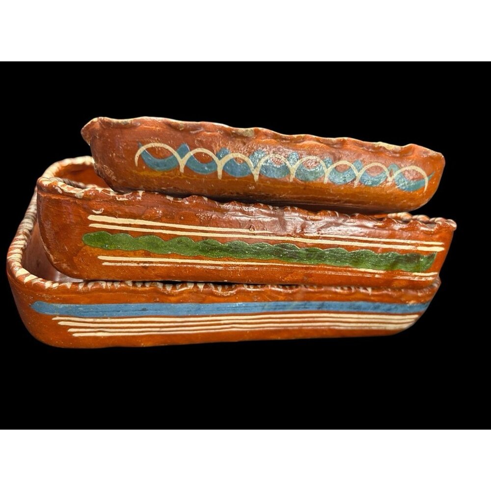 Tlaquepaque Nesting Serving Pottery Redware Rectangle Mexican Hand Painted Vtg